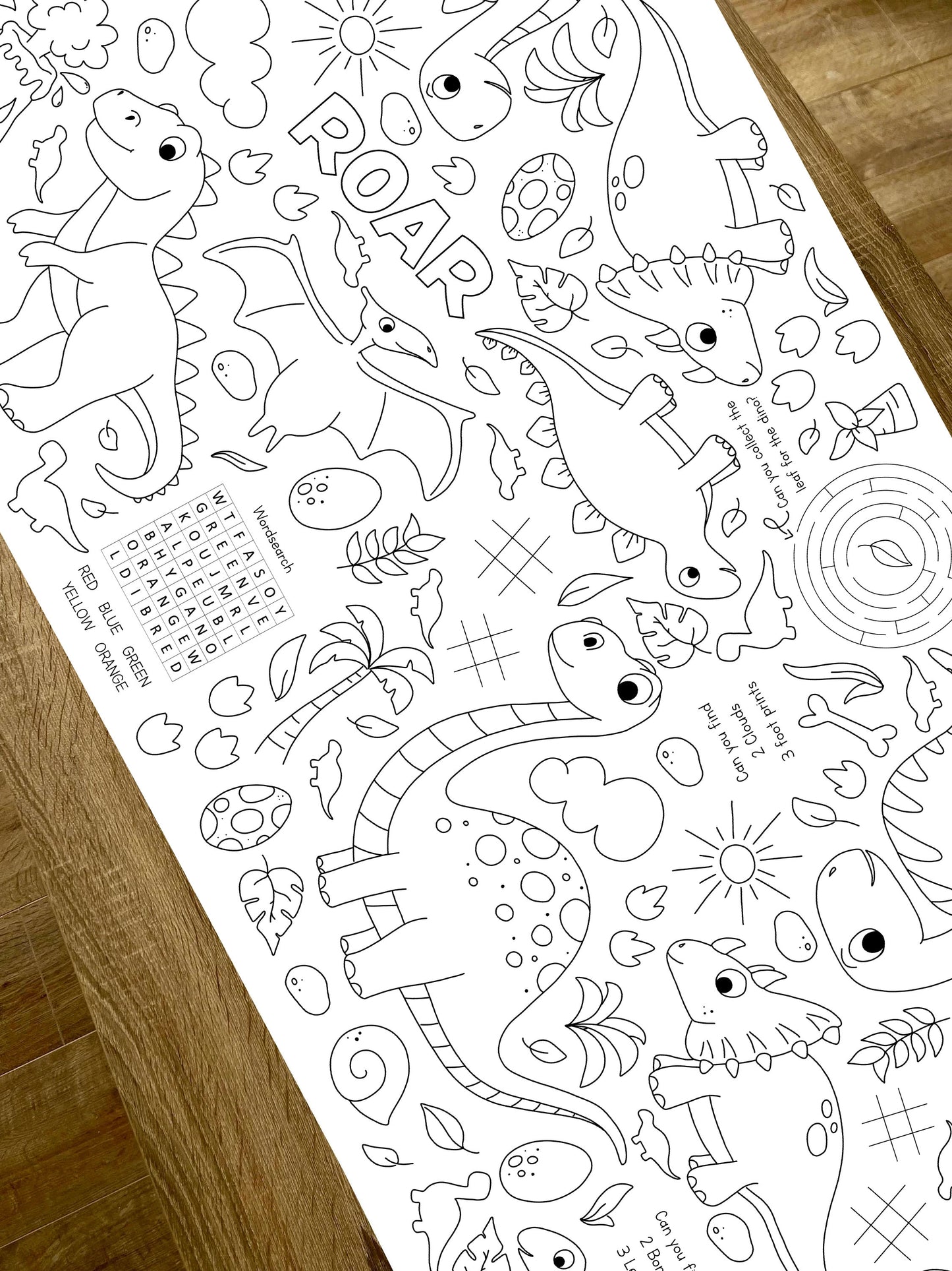 1.8m EXTRA LARGE Dinosaur table length colouring sheet, 6ft table cloth runner. FOLDED TO A4