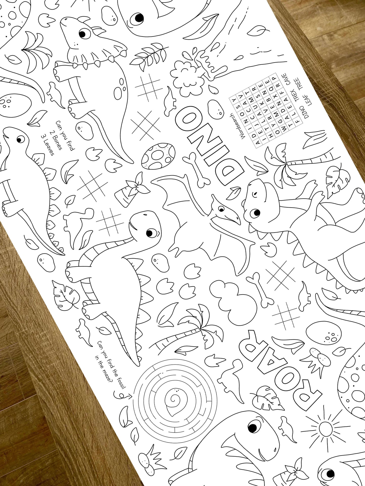 1.8m EXTRA LARGE Dinosaur table length colouring sheet, 6ft table cloth runner. FOLDED TO A4