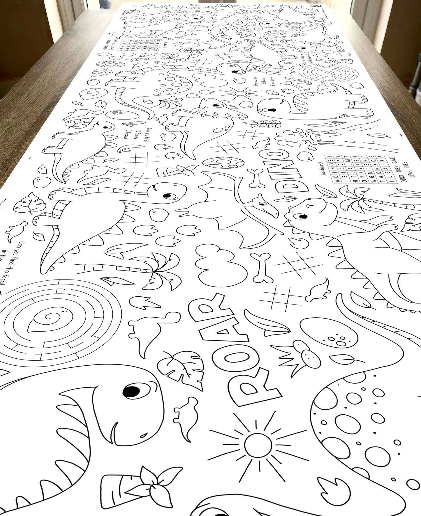 1.8m EXTRA LARGE Dinosaur table length colouring sheet, 6ft table cloth runner. FOLDED TO A4