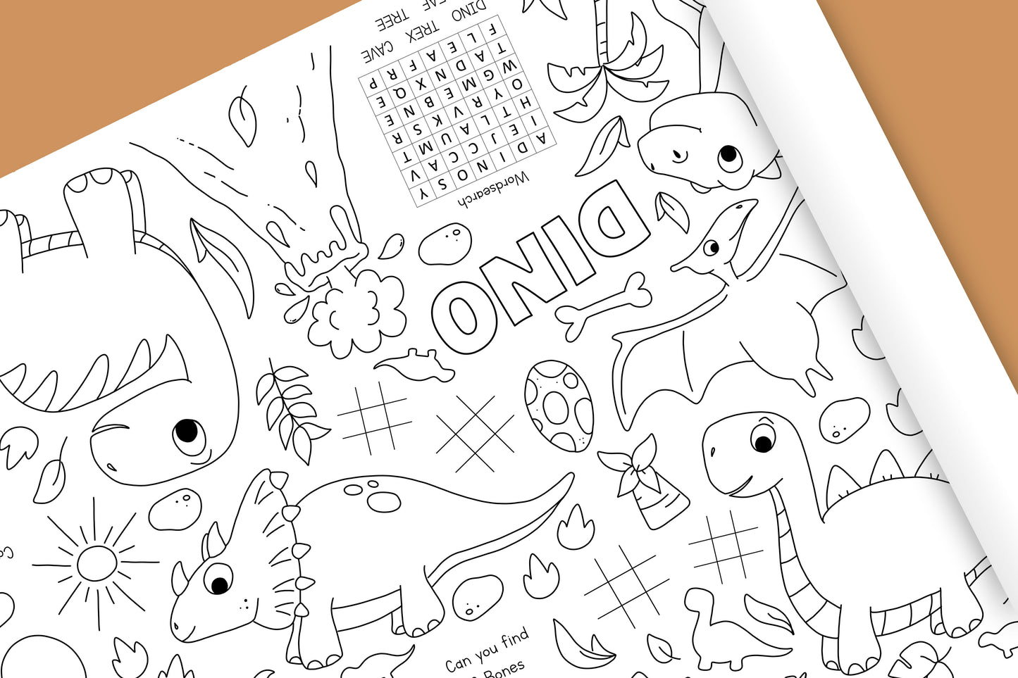 1.8m EXTRA LARGE Dinosaur table length colouring sheet, 6ft table cloth runner. FOLDED TO A4
