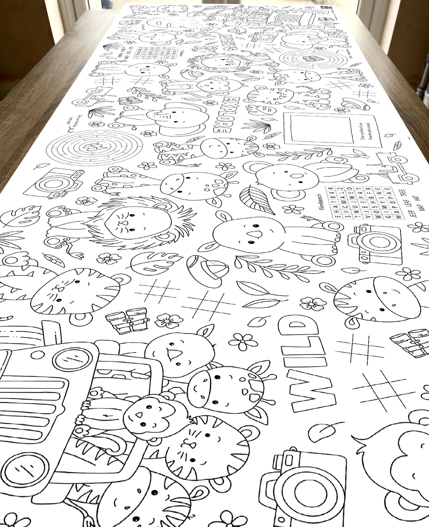 1.8m EXTRA LARGE Safari Jungle table length colouring sheet, 6ft table cloth runner. FOLDED TO A4