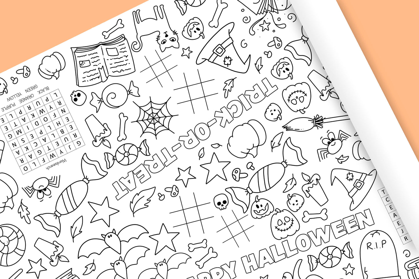 1.8m Halloween EXTRA LARGE table length colouring sheet, halloween activity and colouring sheet. 6ft table cloth runner. FOLDED TO A4