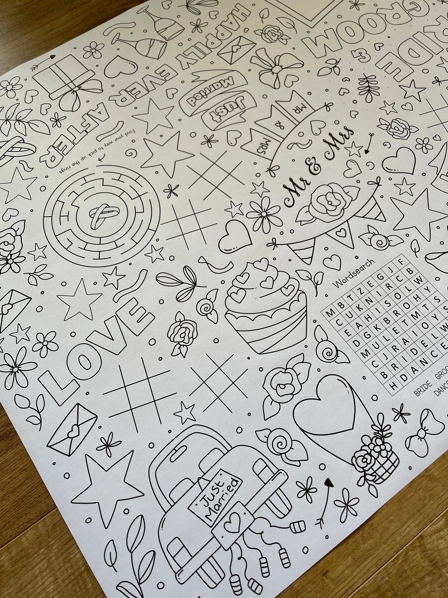 1.8m EXTRA LARGE Wedding table length activity and colouring sheet. 6ft Wedding party table cloth runner. FOLDED TO A4