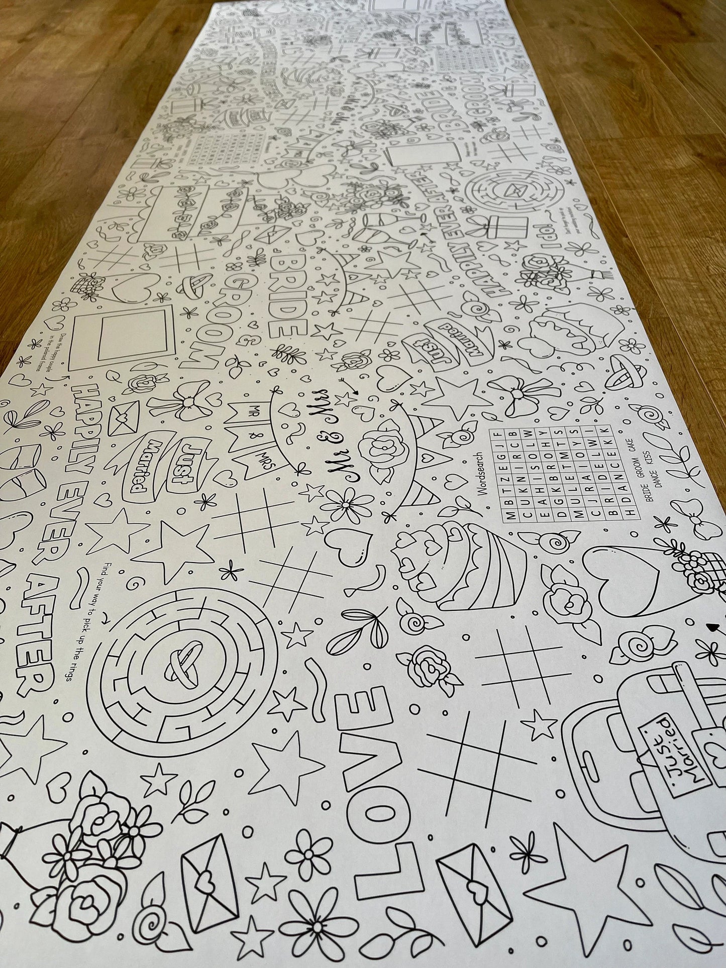 1.8m EXTRA LARGE Wedding table length activity and colouring sheet. 6ft Wedding party table cloth runner. POSTED IN A TUBE