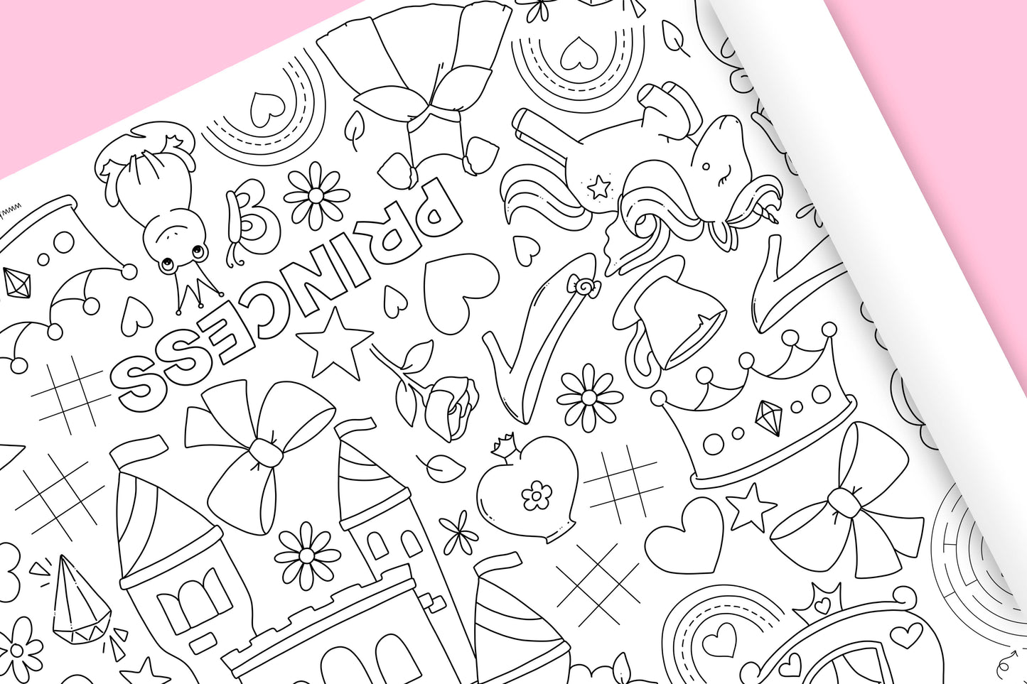 1.8m EXTRA LARGE Princess Birthday table length colouring sheet, birthday activity and colouring sheet. 6ft Children's party table cloth runner. FOLDED TO A4