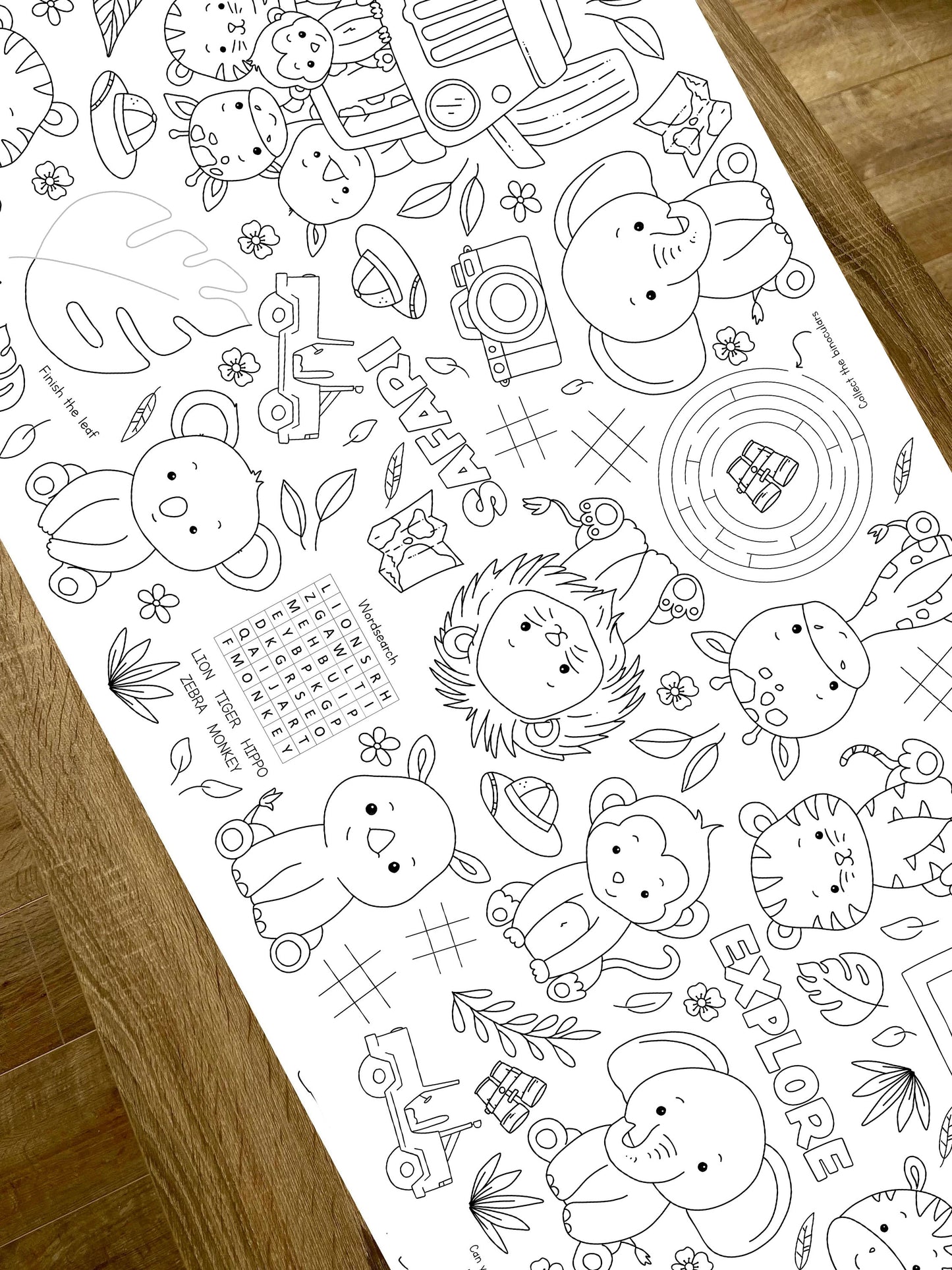 1.8m EXTRA LARGE Safari Jungle table length colouring sheet, 6ft table cloth runner. FOLDED TO A4