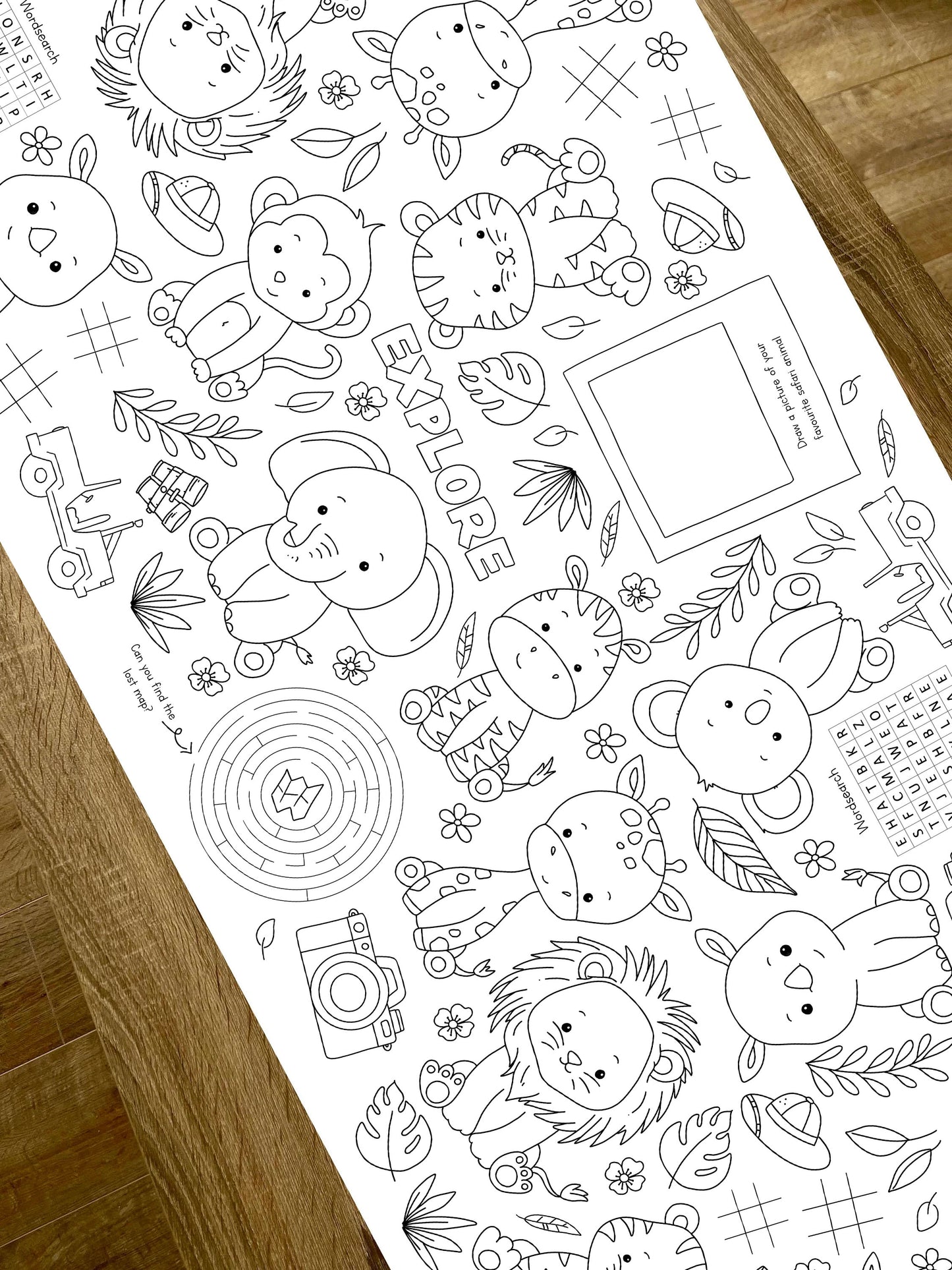 1.8m EXTRA LARGE Safari Jungle table length colouring sheet, 6ft table cloth runner. FOLDED TO A4