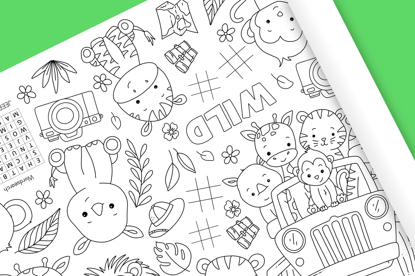 1.8m EXTRA LARGE Safari Jungle table length colouring sheet, 6ft table cloth runner. FOLDED TO A4