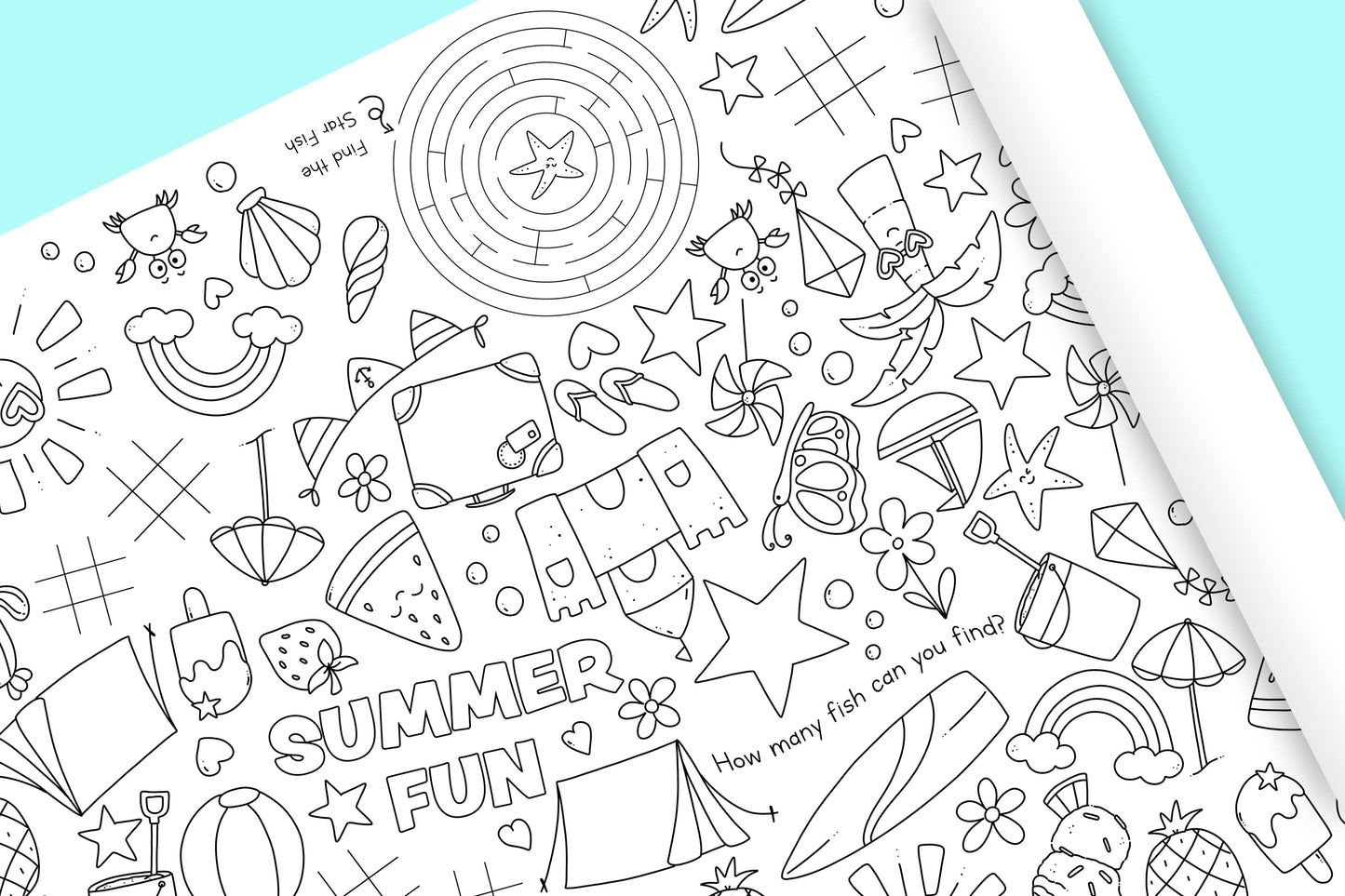1.8m EXTRA LARGE Summer Holiday Fun table length colouring sheet, 6ft table cloth runner. FOLDED TO A4