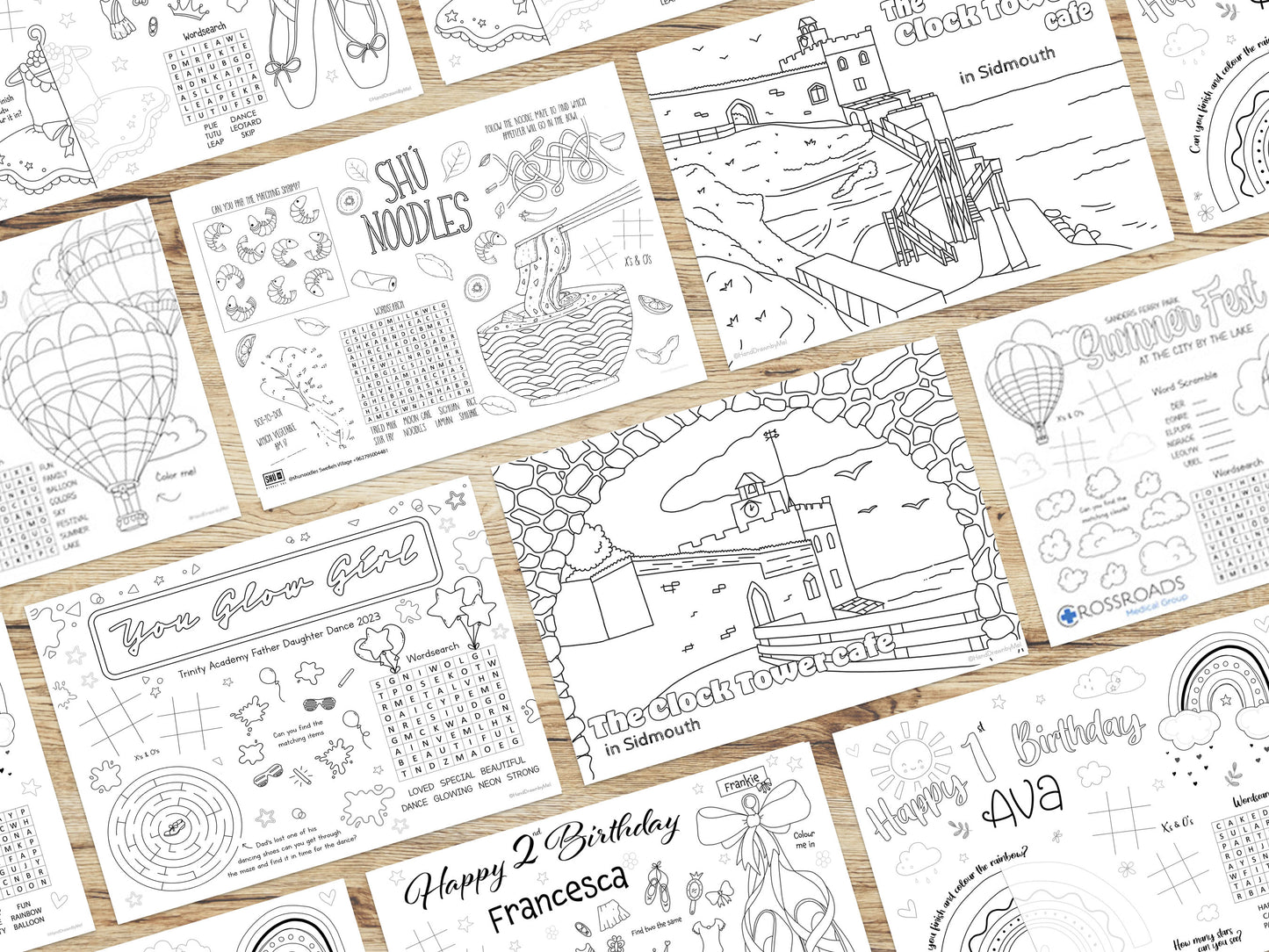 Custom Activity and Colouring Sheet Designed for you - Please contact prior to purchase to discuss requirements.