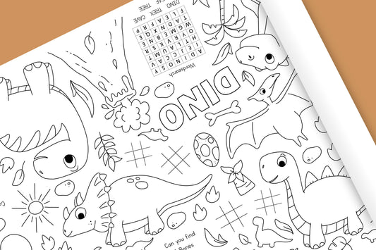 1.8m EXTRA LARGE Dinosaur table length colouring sheet, 6ft table cloth runner. FOLDED TO A4