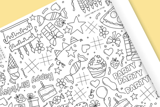 1.8m EXTRA LARGE Happy Birthday table length colouring sheet, birthday activity and colouring sheet. 6ft Children's party table cloth runner. FOLDED TO A4