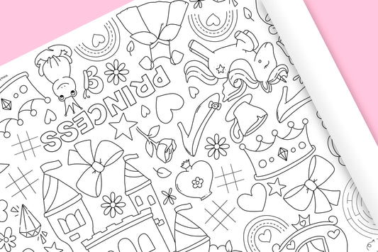 1.8m EXTRA LARGE Princess Birthday table length colouring sheet, birthday activity and colouring sheet. 6ft Children's party table cloth runner. FOLDED TO A4