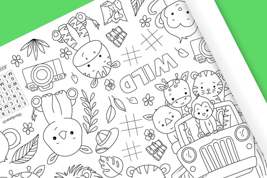1.8m EXTRA LARGE Safari Jungle table length colouring sheet, 6ft table cloth runner. ROLLED IN A TUBE