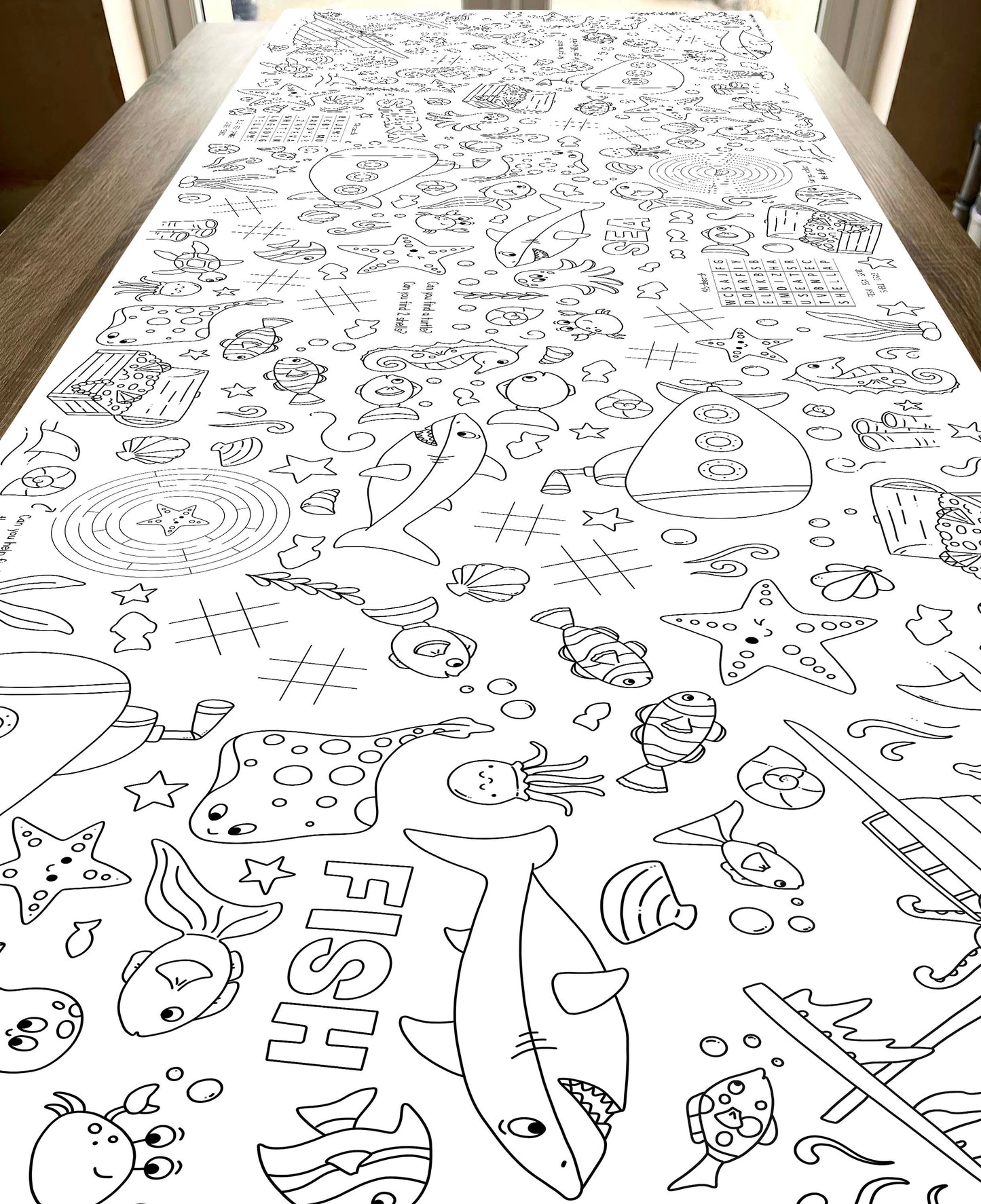 1.8m EXTRA LARGE Under the sea table length colouring sheet, 6ft table cloth runner. ROLLED IN A TUBE