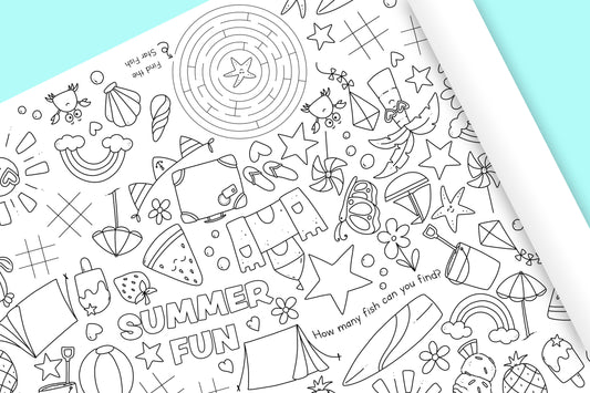 1.8m EXTRA LARGE Summer Holiday Fun table length colouring sheet, 6ft table cloth runner. FOLDED TO A4