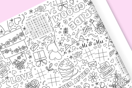1.8m EXTRA LARGE Wedding table length activity and colouring sheet. 6ft Wedding party table cloth runner. FOLDED TO A4